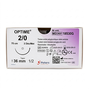OPTIME, USP 2/0, jehla 36mm, 1/2kruh, taper, 75cm, fialové (36ks/bal)