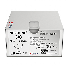 MONOTIME, USP 3/0, jehla 30mm, 1/2kruh, taper, vlákno 70cm, fialové (36ks/bal) MONOTIME, USP 3/0, jehla 30mm, 1/2kruh, taper, vlákno 70cm, fialové (36ks/bal)